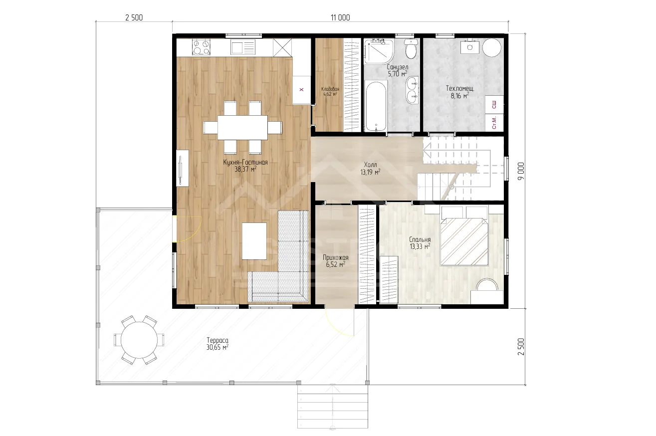 План 1-го этажа каркасный дом «Богатырь» 225 м²