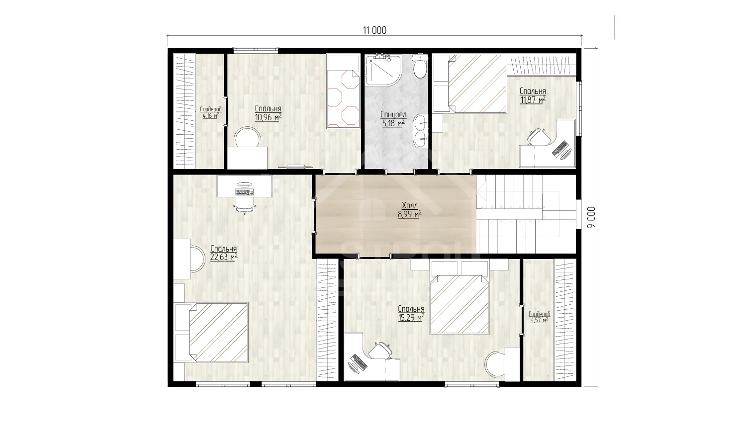 План 2-го этажа каркасный дом «Богатырь» 225 м²