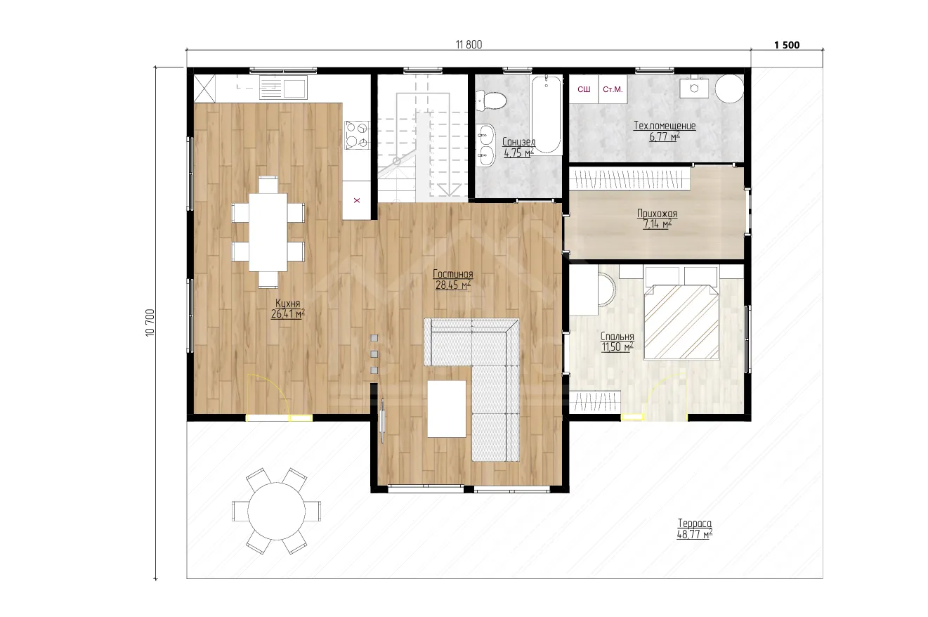 План 1-го этажа каркасный дом «Дионис» 225 м²