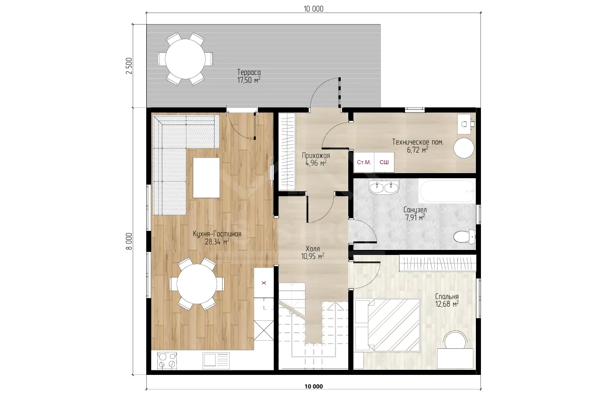 План 1-го этажа каркасный дом «Фортуна» 177 м²