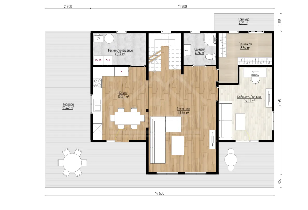 План 1-го этажа каркасный дом «Гэтсби» 267 м²