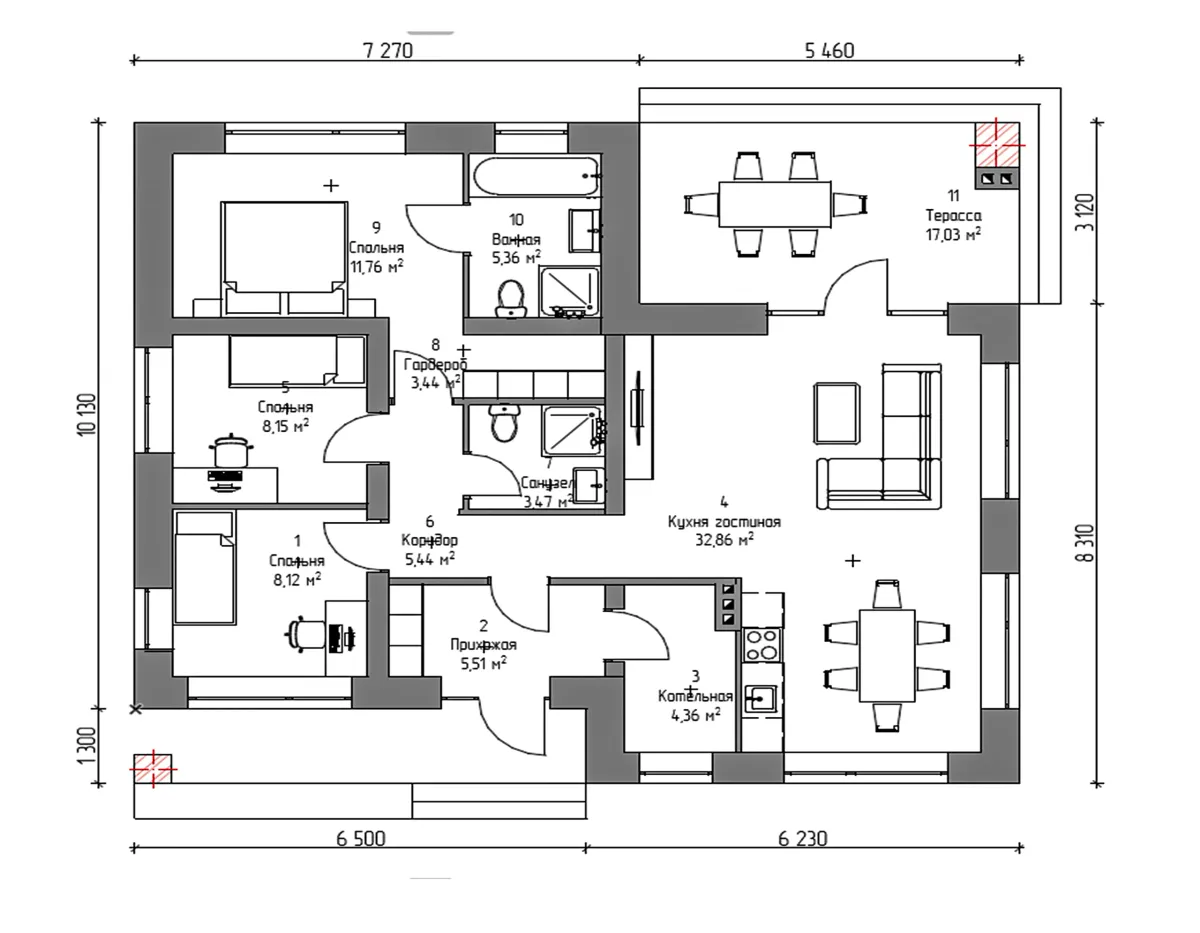 План 1-го этажа блочный дом «ИБ-09» 118 м²
