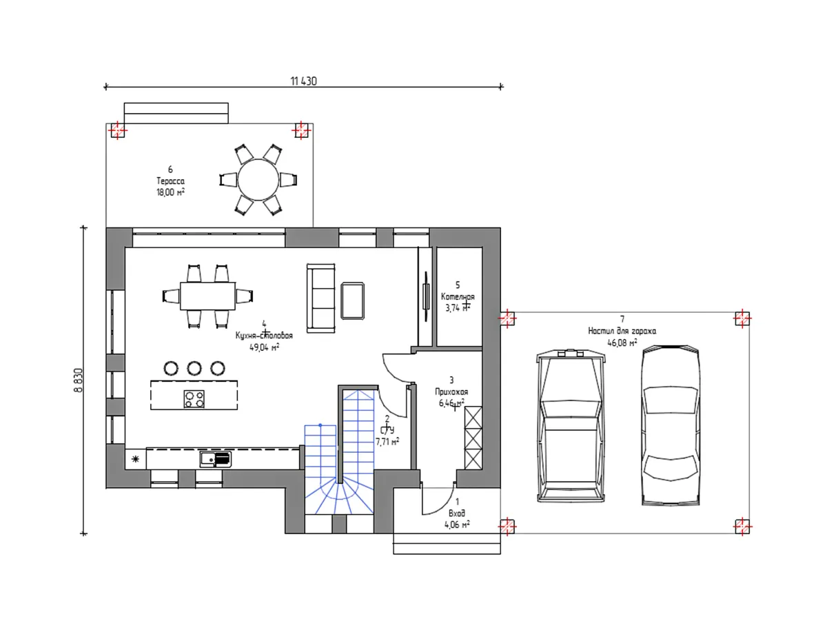 План 1-го этажа блочный дом «ИБ-17» 150 м²