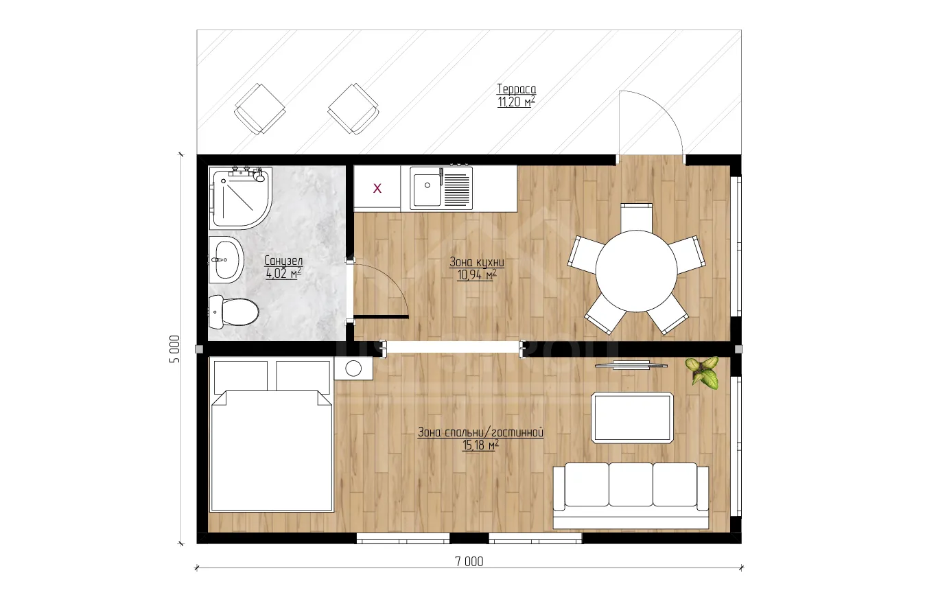 План дома модульный дом «Модуль Ис-04» 35 м²
