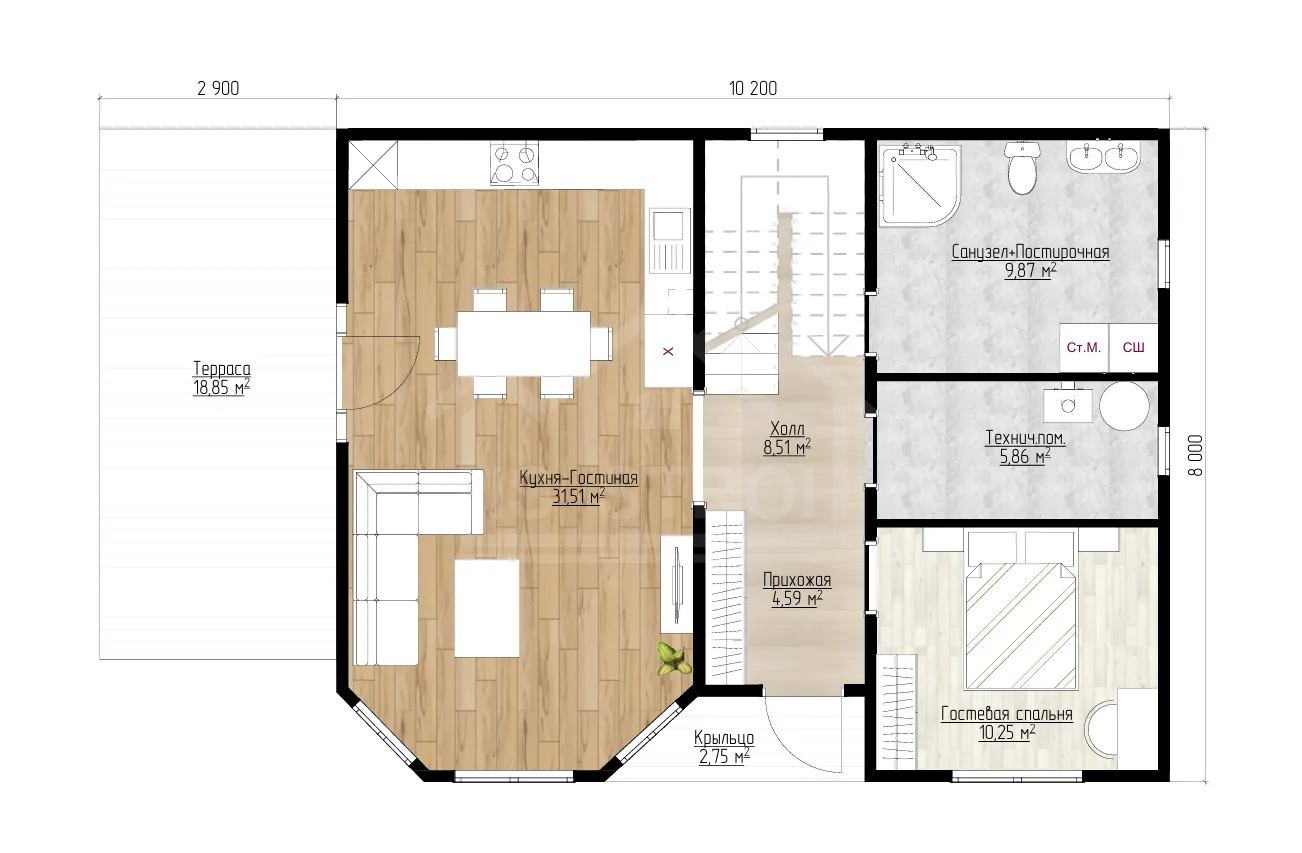 План 1-го этажа каркасный дом «Сказка» 208 м²