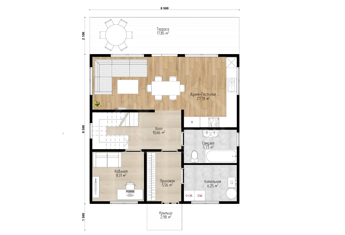 План 1-го этажа каркасный дом «Уют» 166 м²