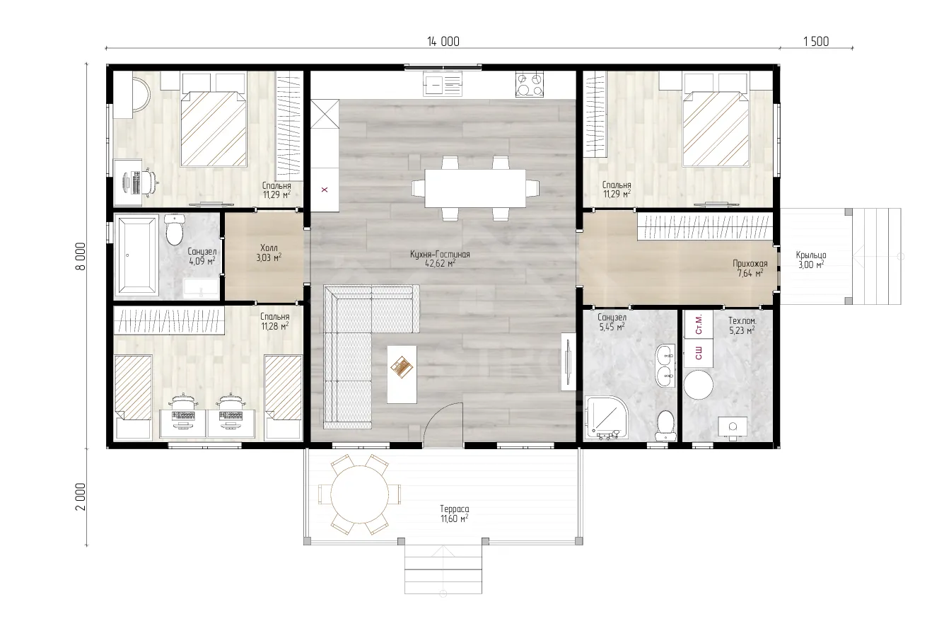 План дома каркасный дом «Леон» 127 м²