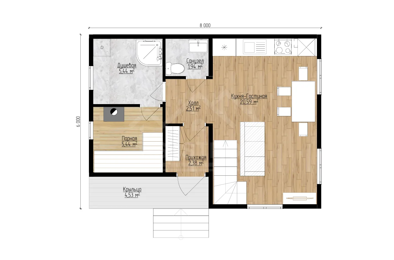 План 1-го этажа бани «Ис-05» 81 м²