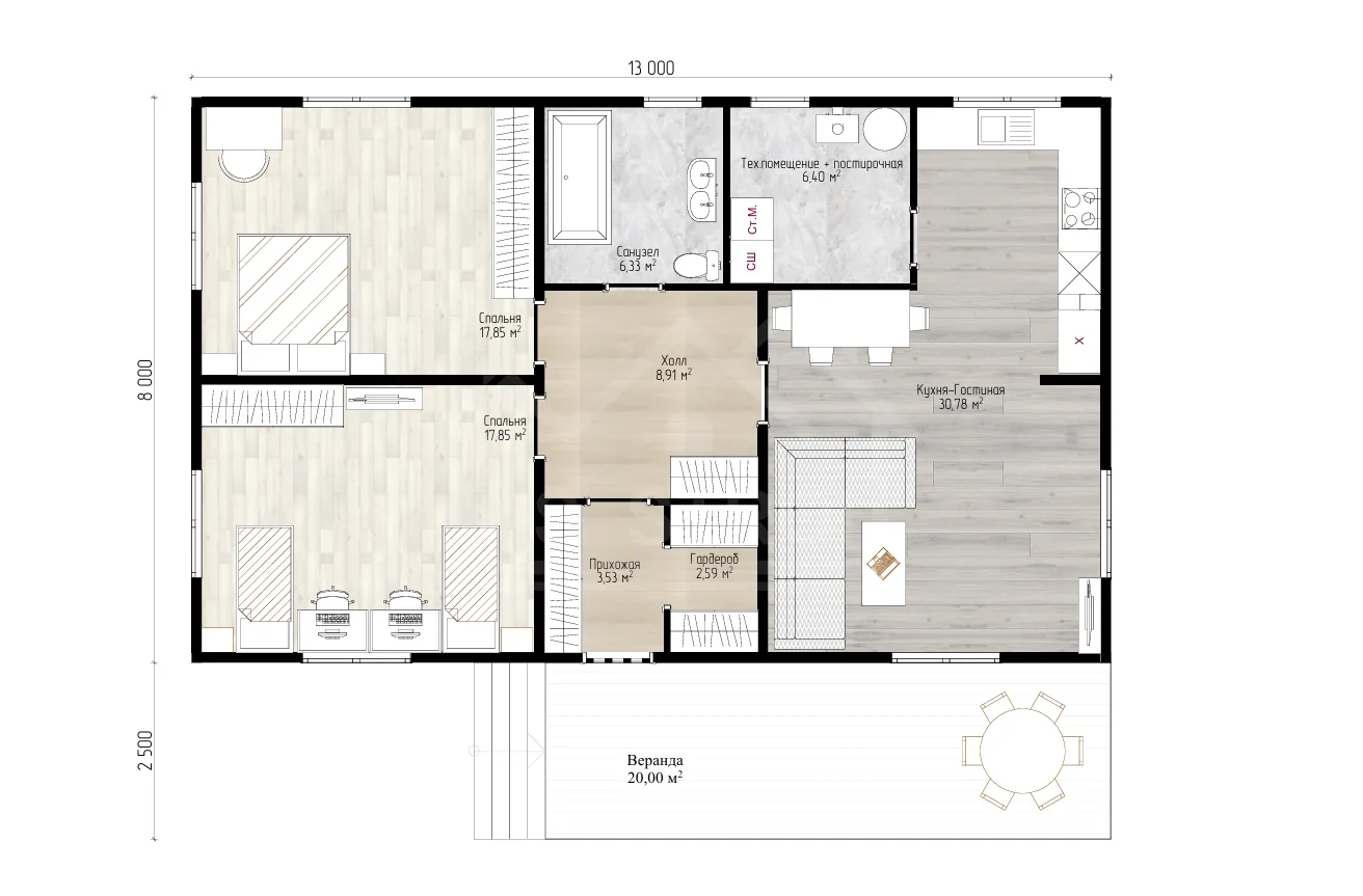 План дома каркасный дом «Афон» 124 м²