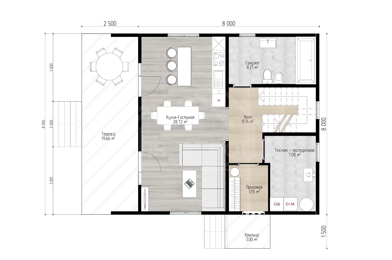 План 1-го этажа каркасный дом «Барнхаус Лайф» 160 м²