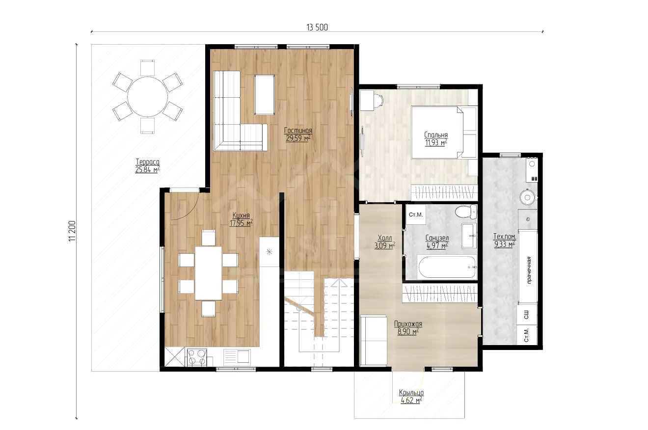 План 1-го этажа каркасный дом «Канадец» 208 м²
